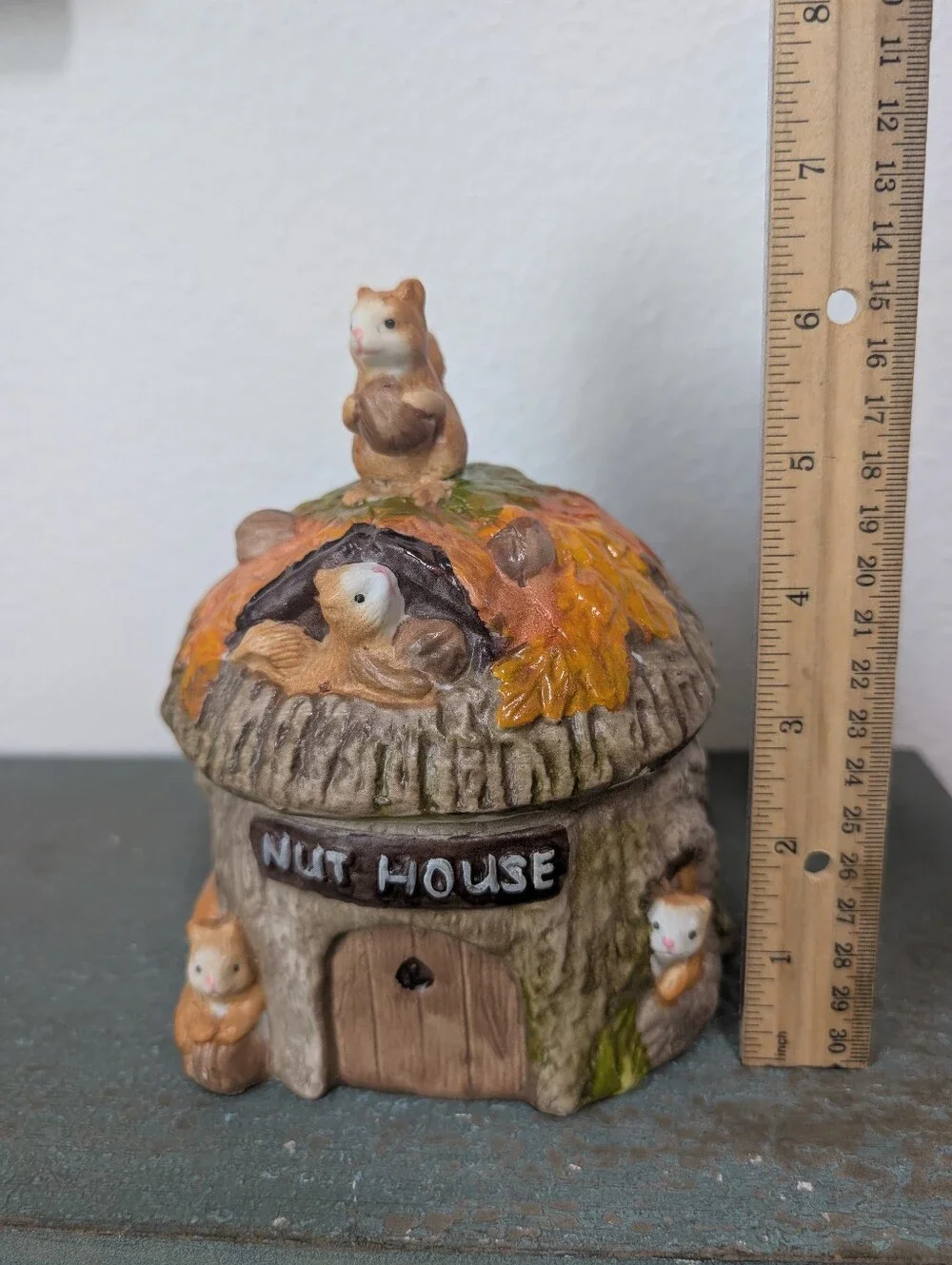 Vintage Ceramic Squirrel NUT HOUSE Candy Nut Canister Jar Tree House CottageCore
